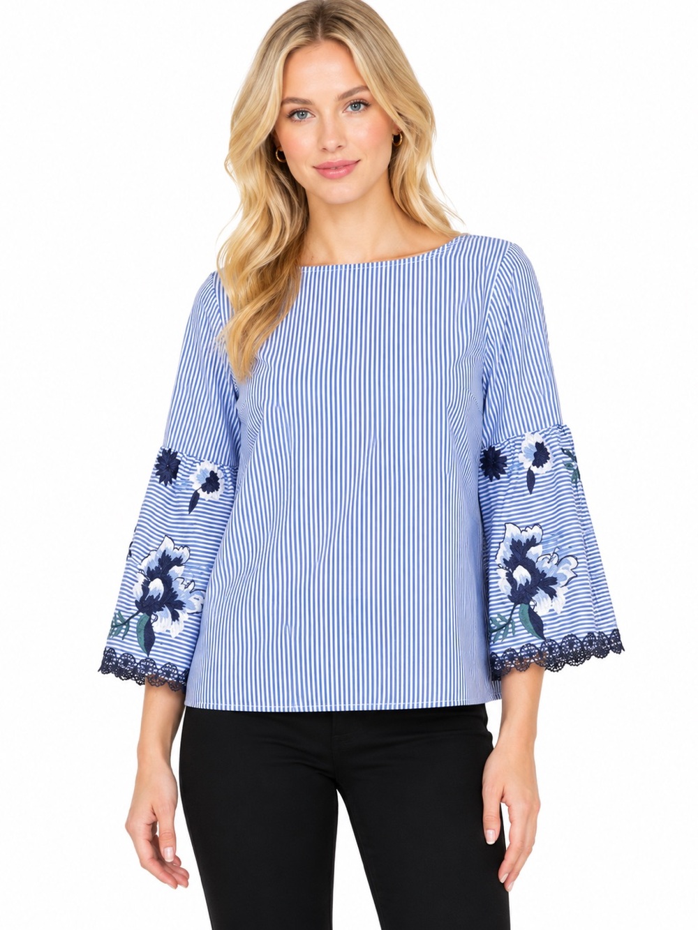 Joseph Ribkoff Size 8 Striped Bell-Sleeve Top with‎ Floral Embroidery Blue/White